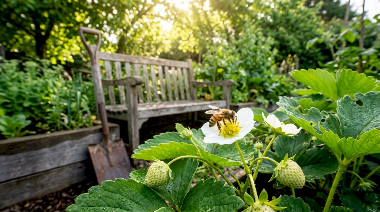Bee pollinating strawberry flower in garden