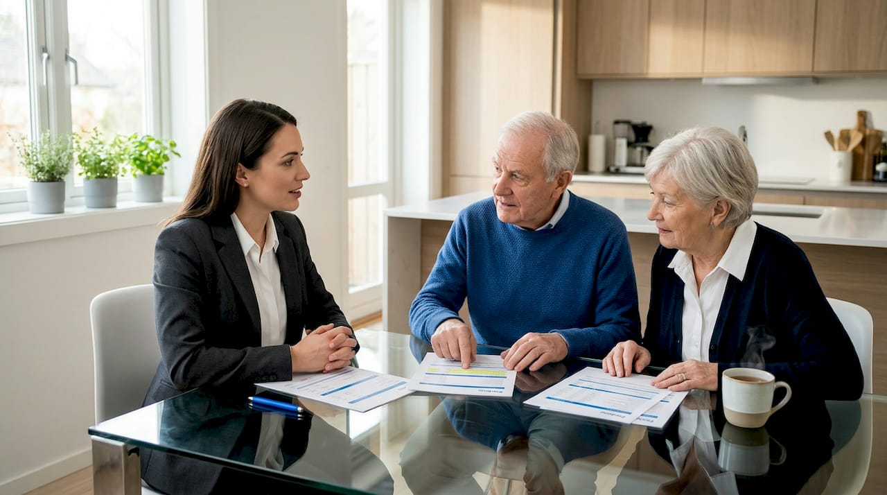 Advisor and clients discussing financial documents at home