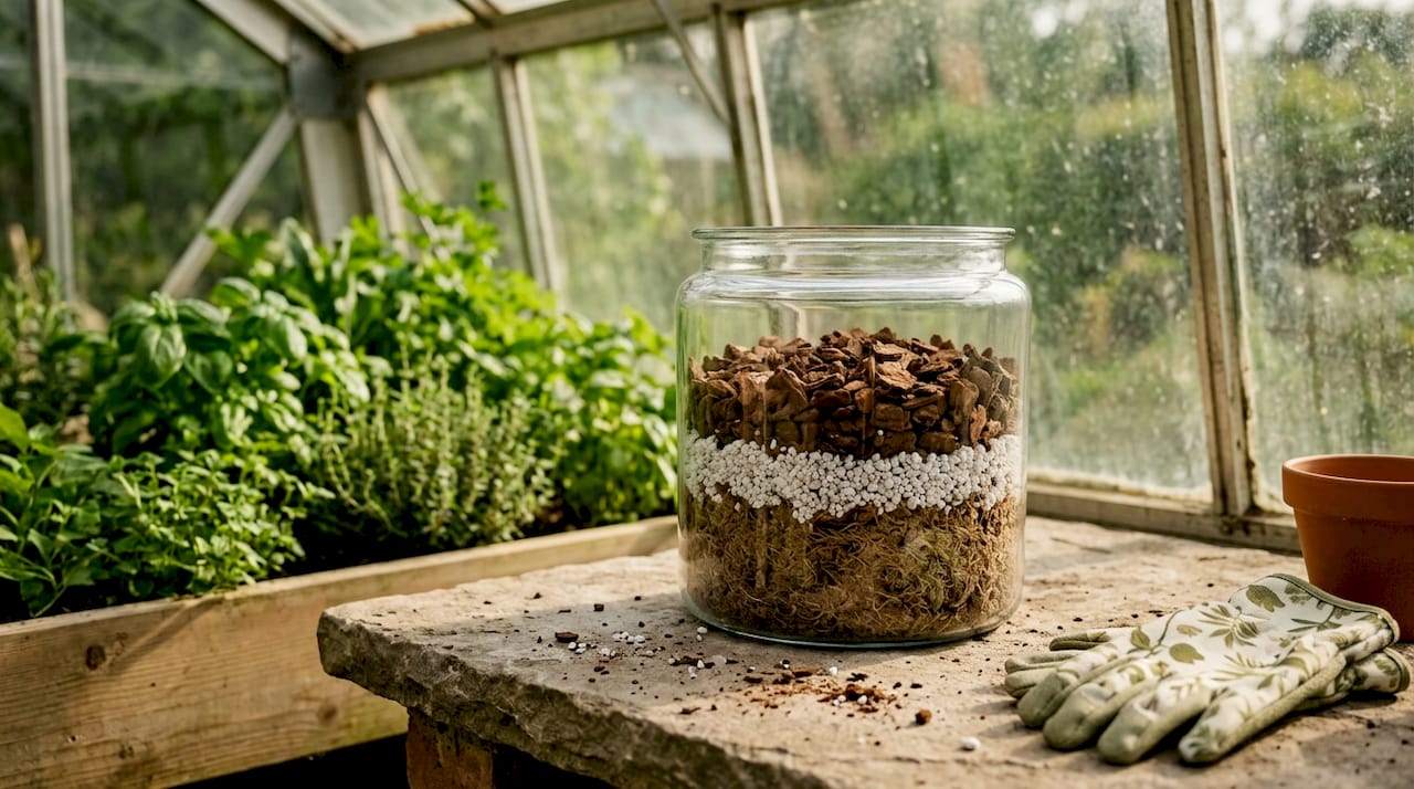 Layered soil components in clear container for drainage