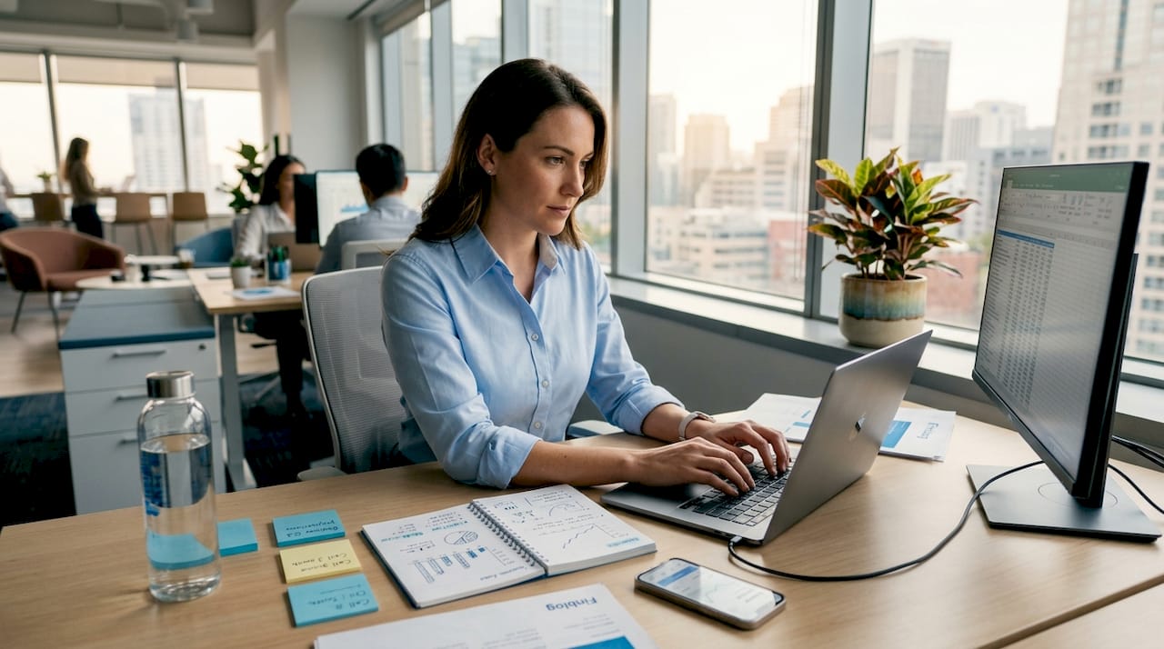 Professional woman working in bright office during expansion