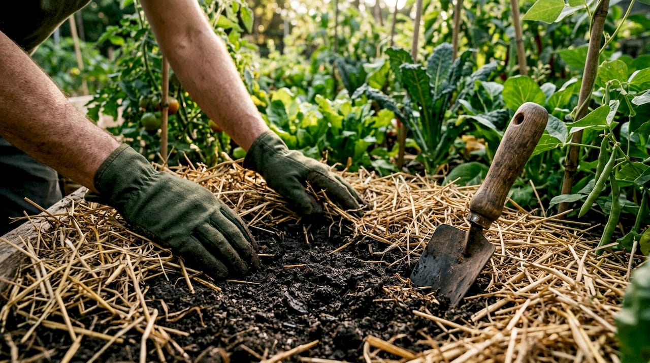 Gardener checking soil moisture under straw mulch