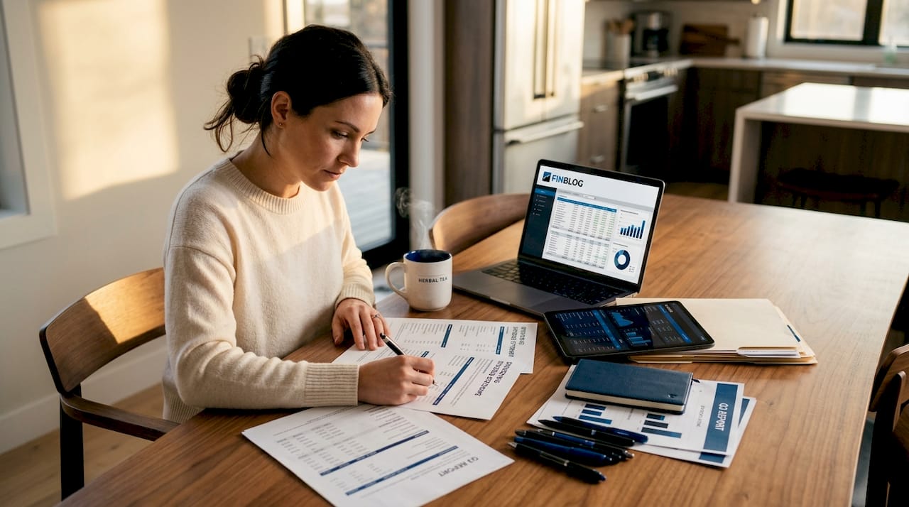 Woman reviewing dividend income papers at table