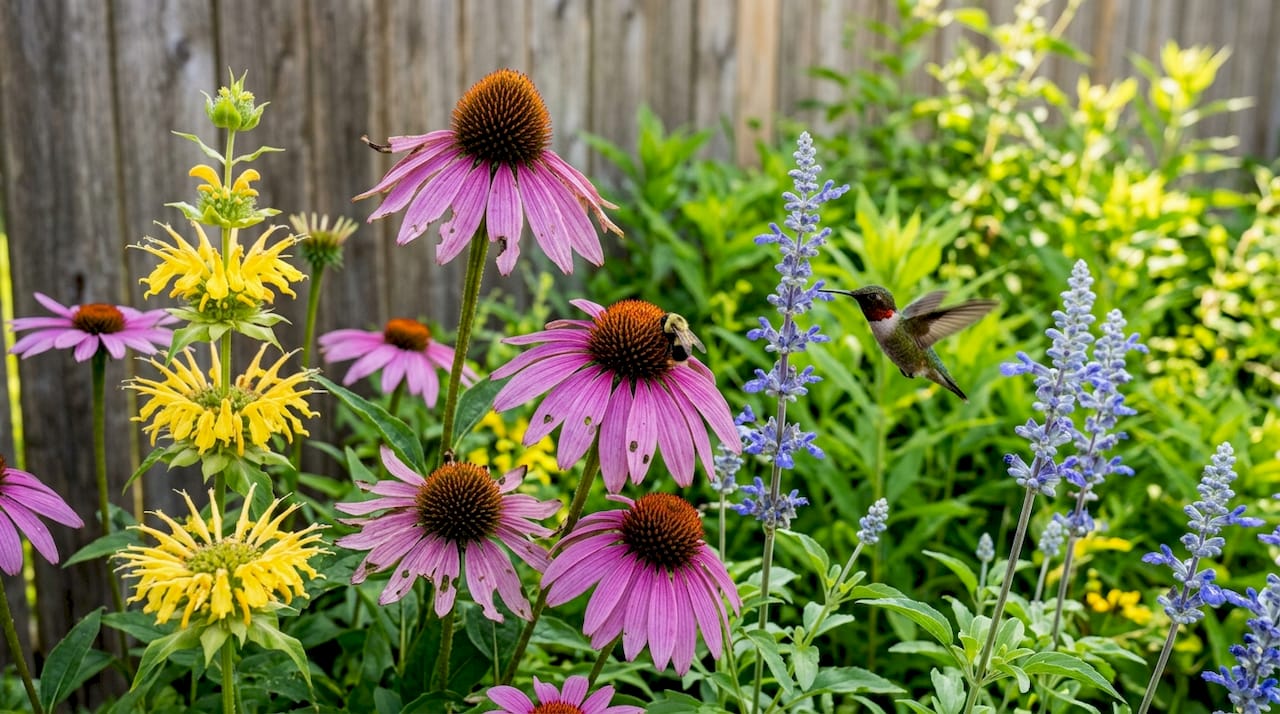 Close-up of native flowers with pollinators