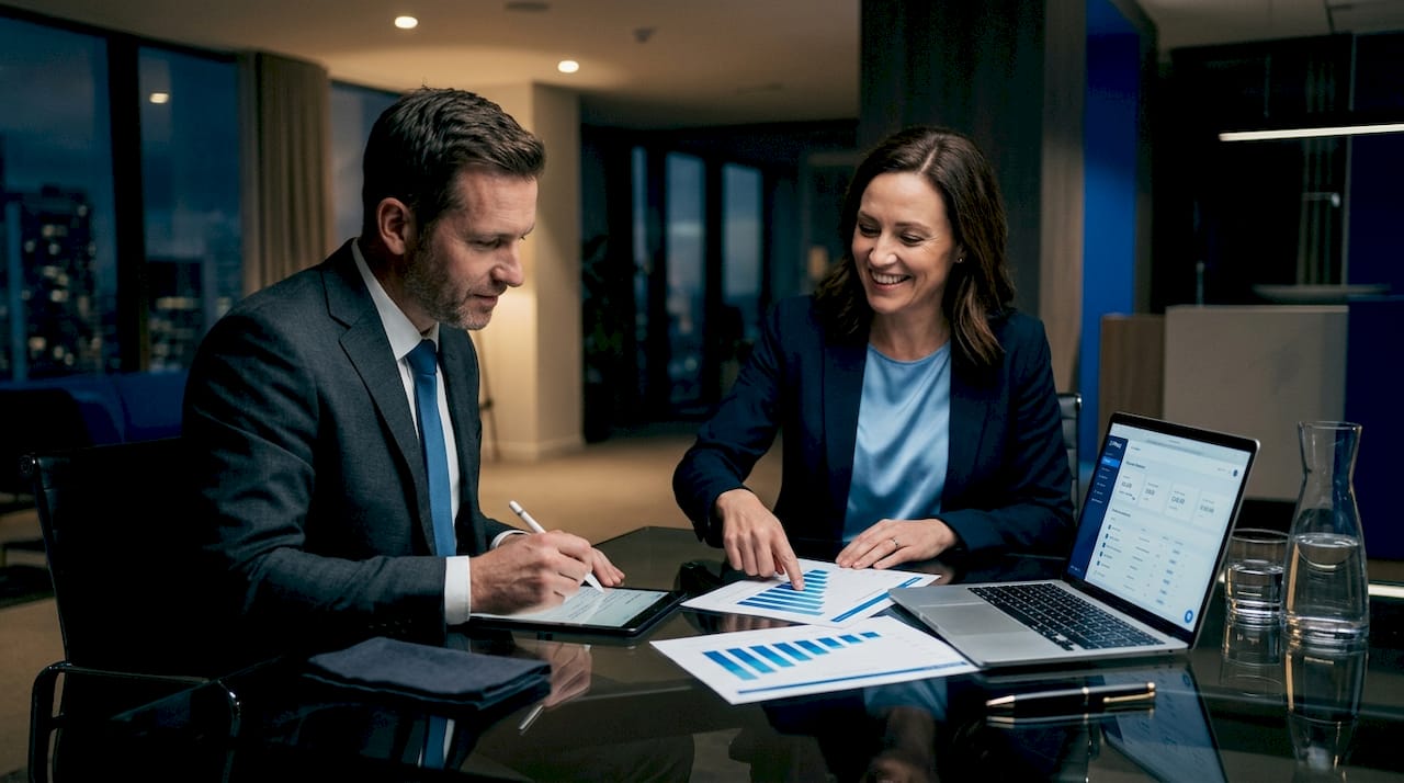 Two colleagues discussing data charts in office