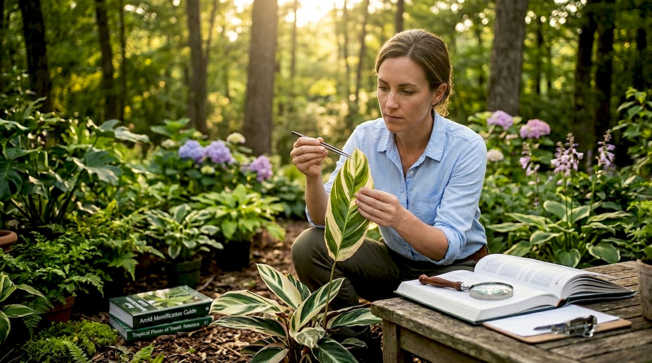 Botanist closely inspecting variegated leaf indoors