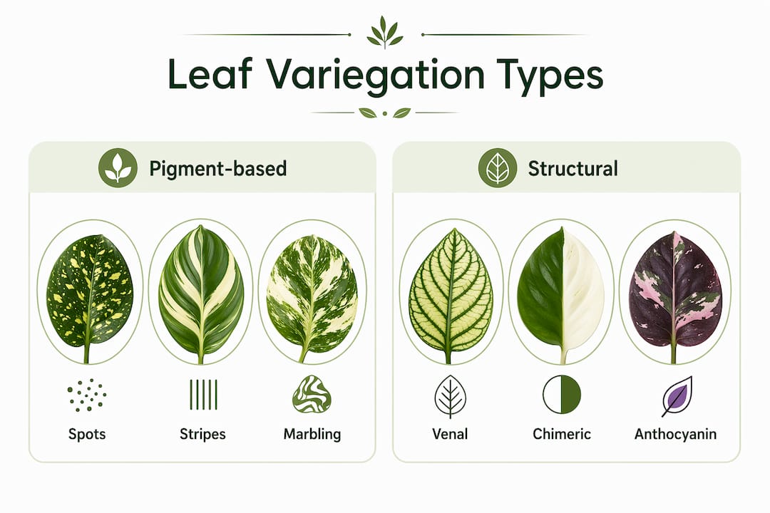 Infographic comparing pigment-based and structural variegation types