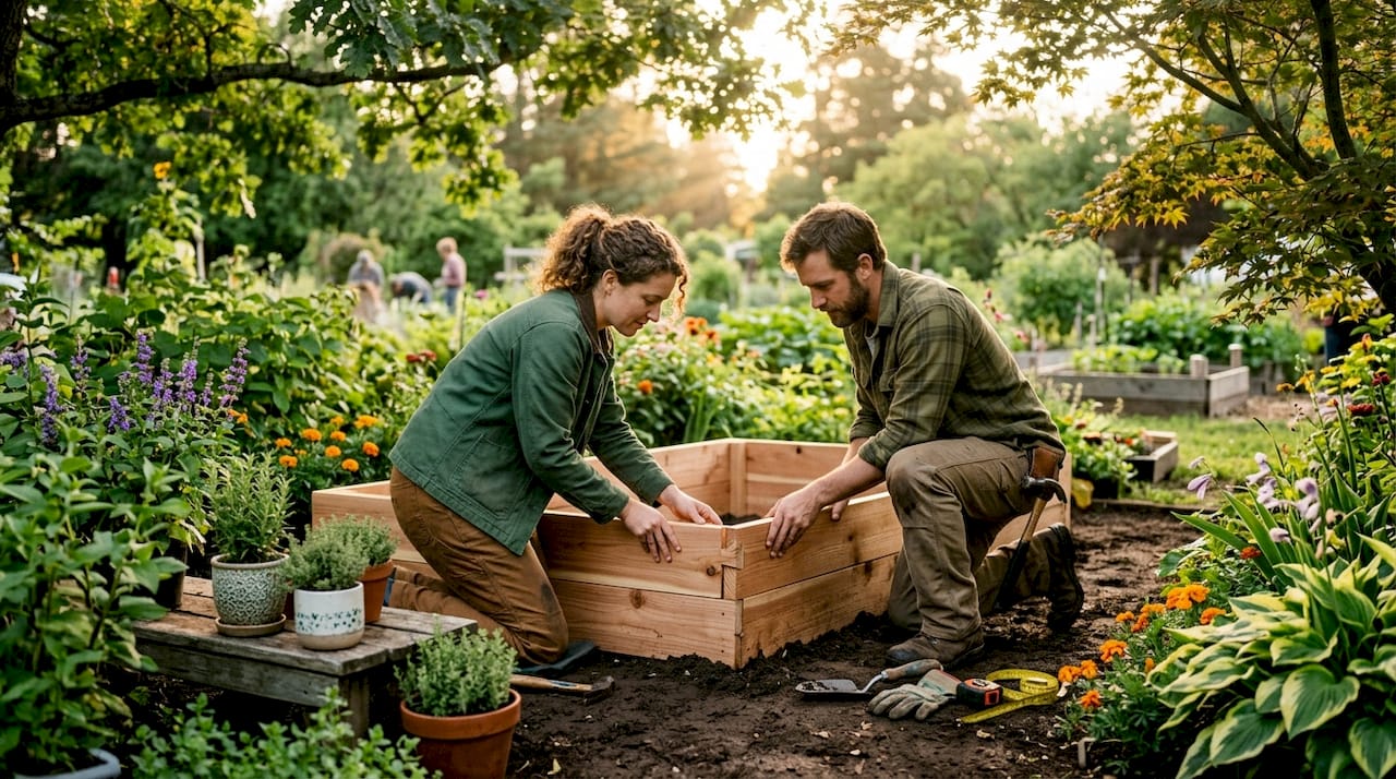 Gardeners building cedar raised bed frame