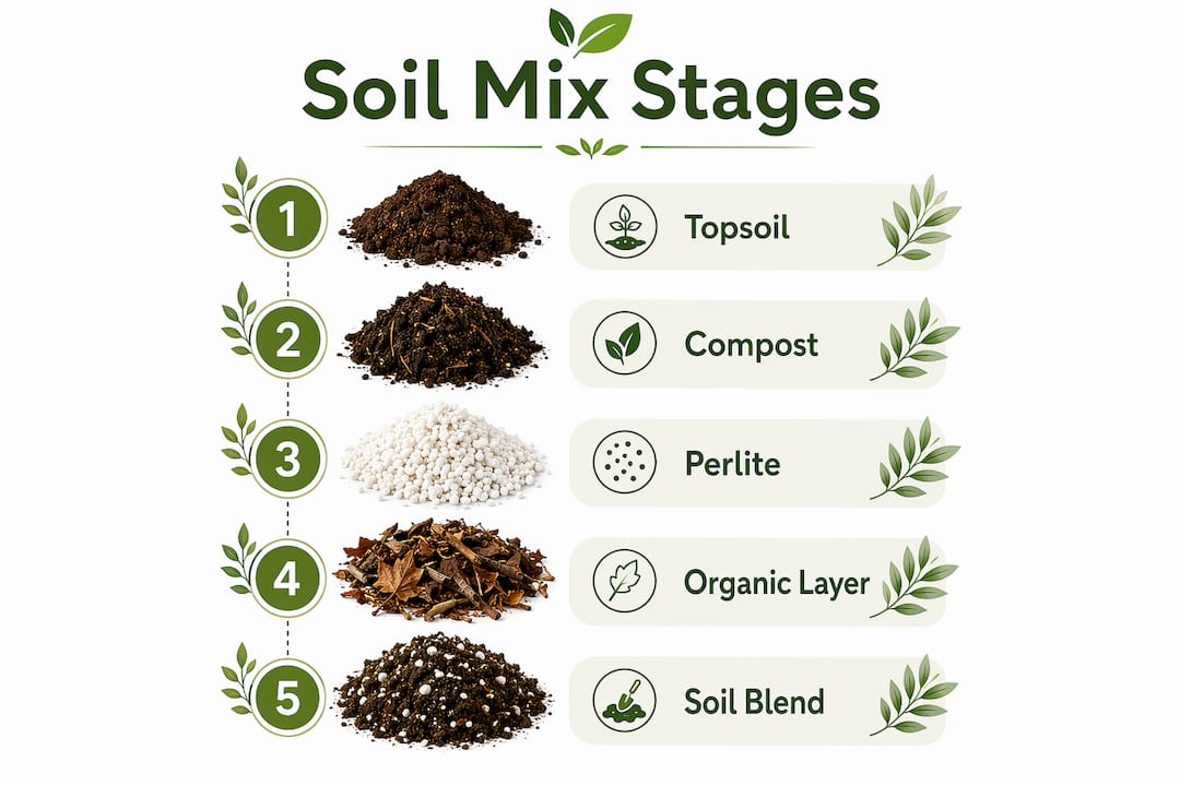 Infographic showing soil mix stages for raised bed gardening