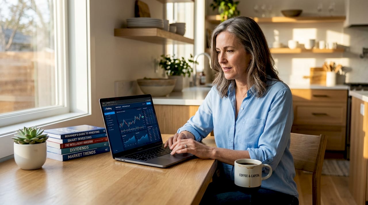 User engaging Charles Schwab platform at home desk