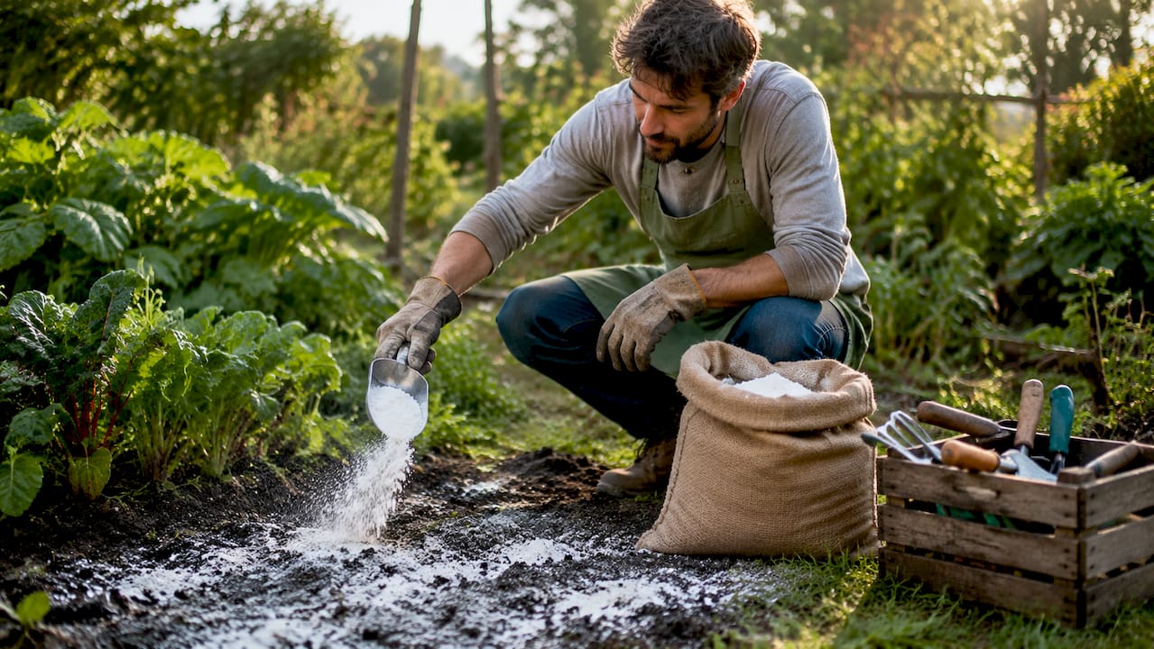 Hands applying lime to garden soil