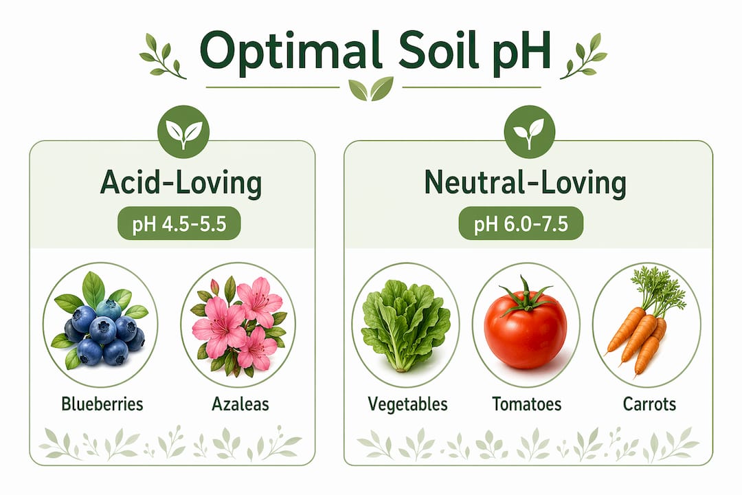Infographic comparing acid-loving vs neutral-loving plants soil pH preferences