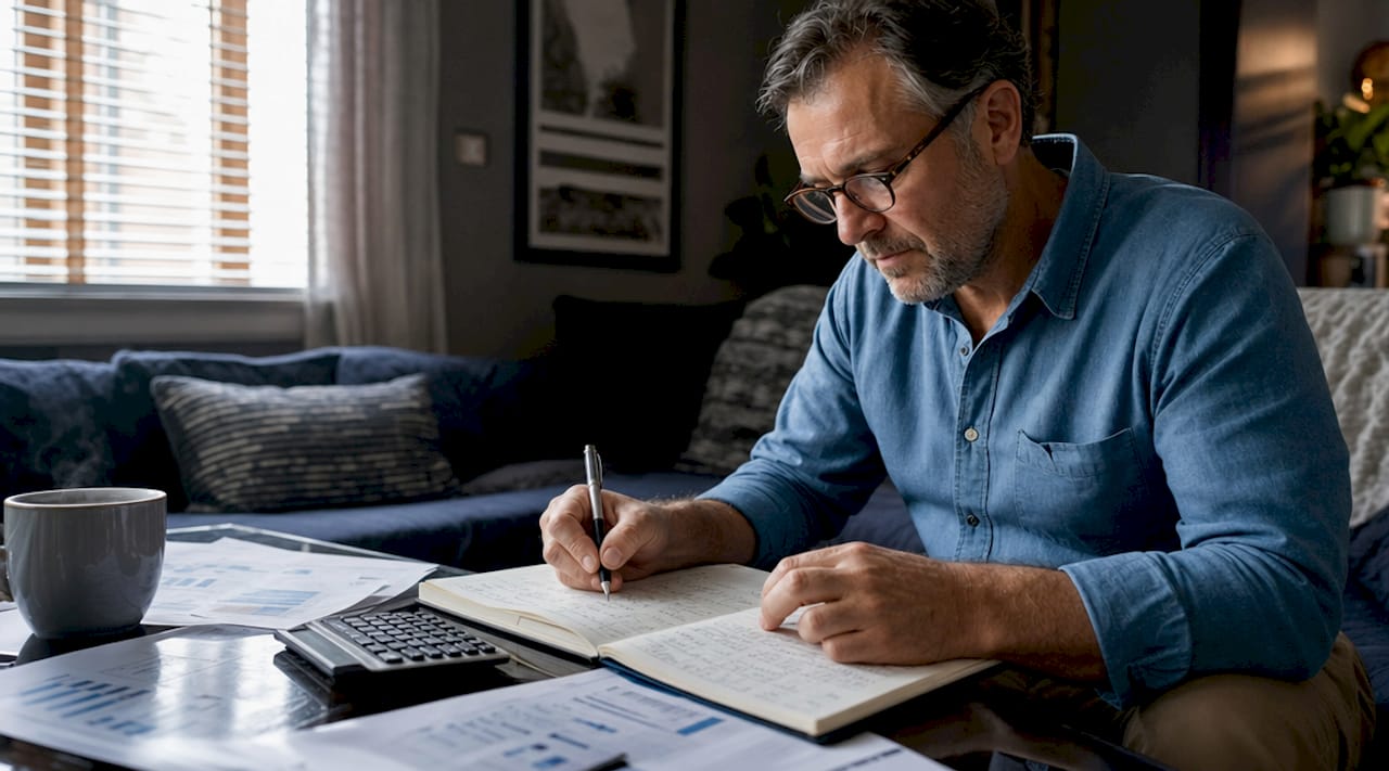 Man writing notes while studying investing book