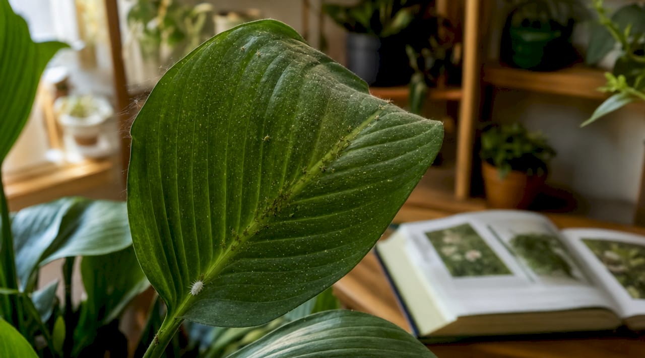 Close-up of indoor plant pests on leaf