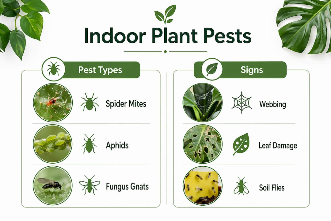 Infographic showing common indoor plant pests and signs