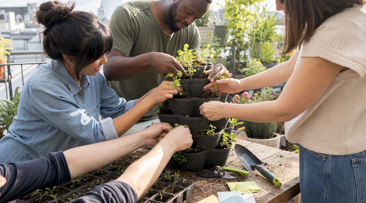 Hands assembling vertical garden planter