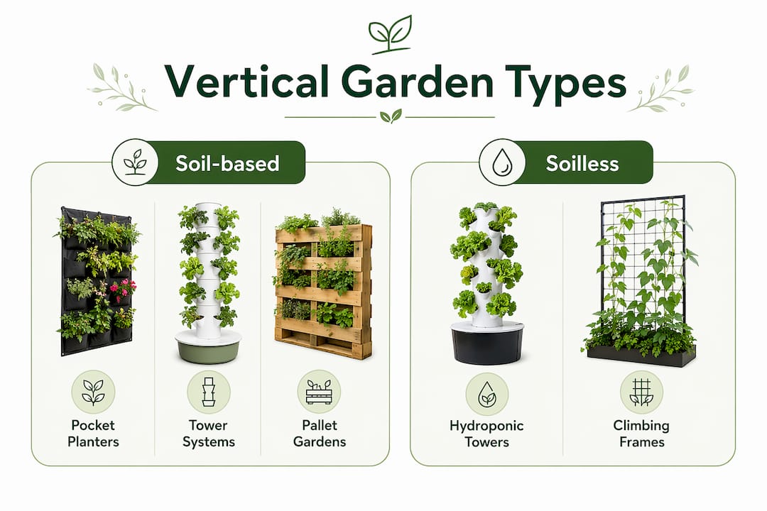 Infographic comparing soil-based and soilless vertical gardens