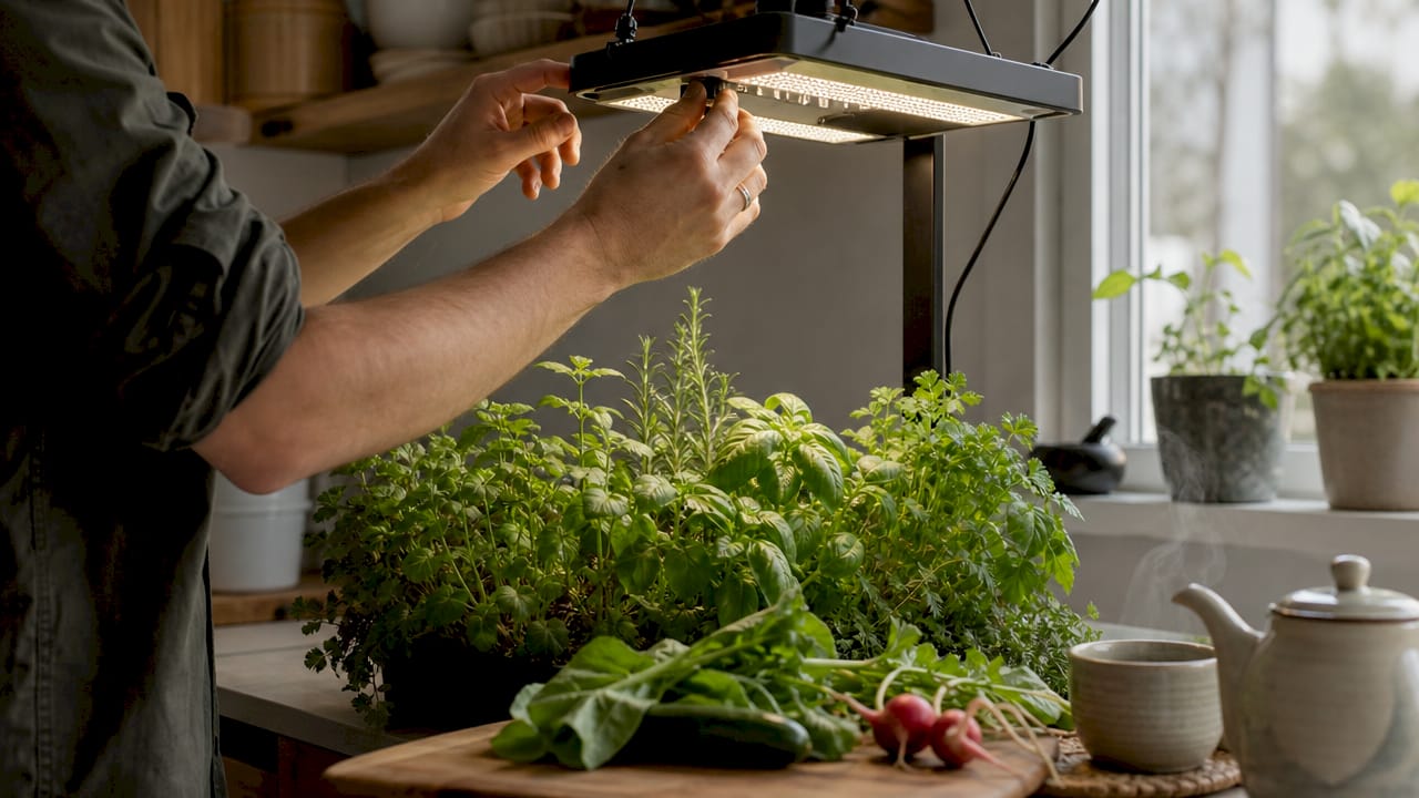 Gardener adjusting grow light above plants