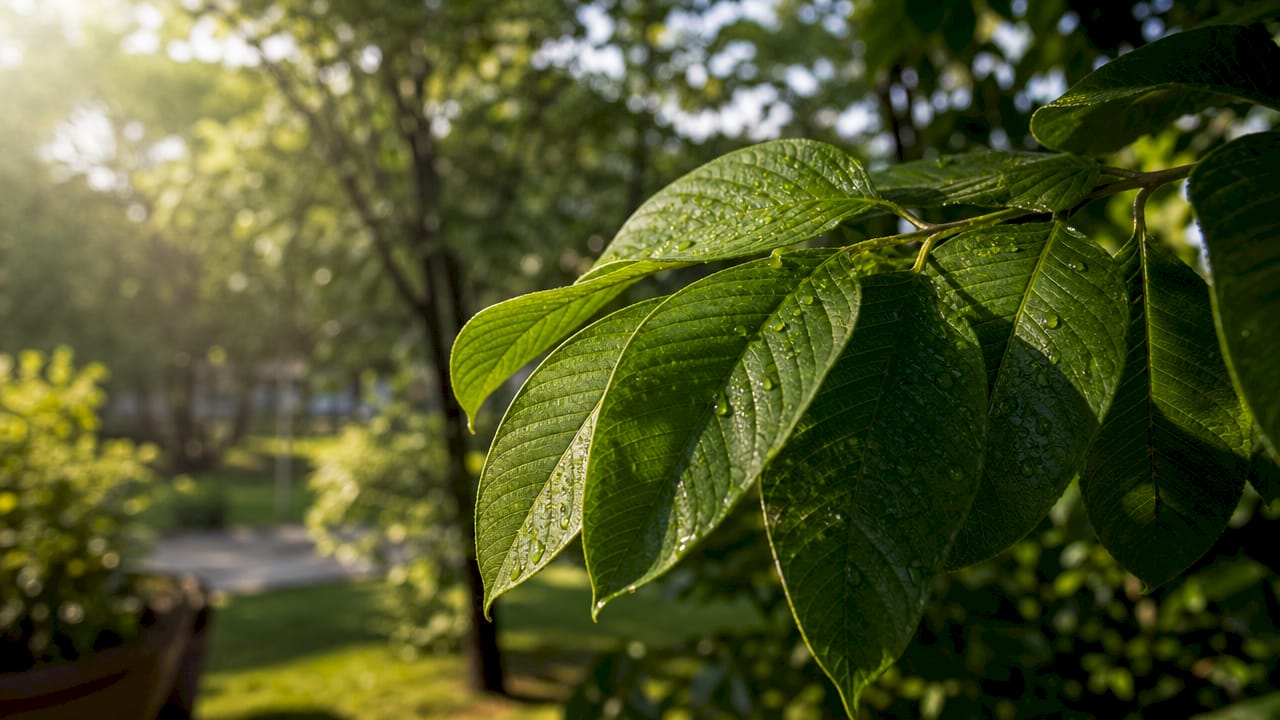 Close-up of green leaves absorbing sunlight