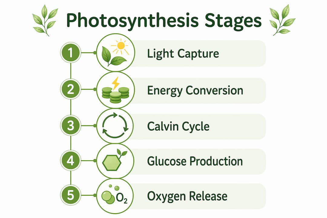 Infographic illustrating photosynthesis stages in plants