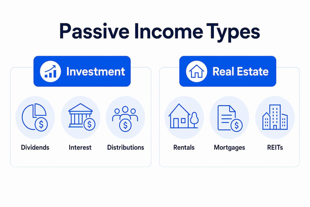 Infographic comparing passive income categories investment versus real estate