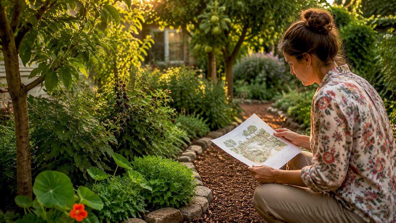 Aerial view of layered edible garden design