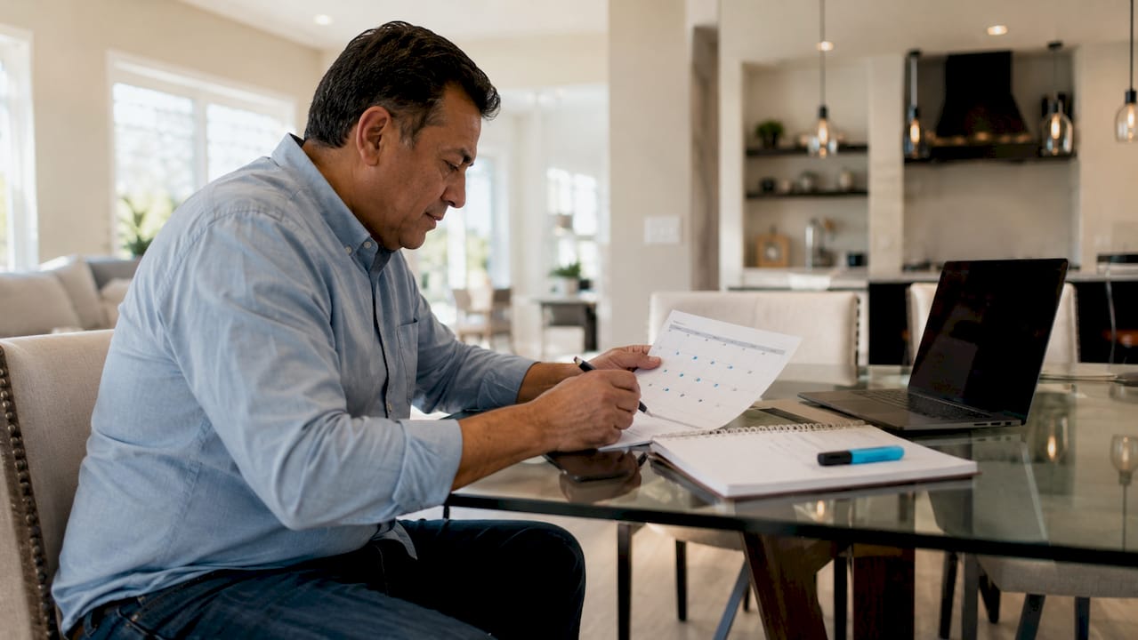 Man reviewing payment calendar at desk