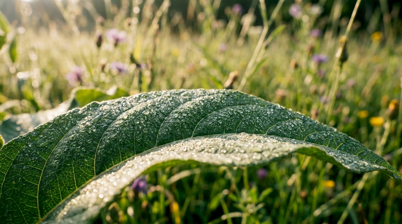 Macro view of leaf stomata with dew in nature