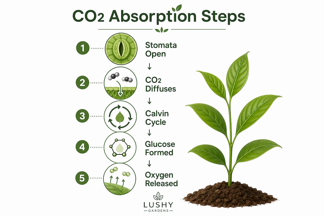 Infographic showing five-step carbon dioxide absorption process in plants