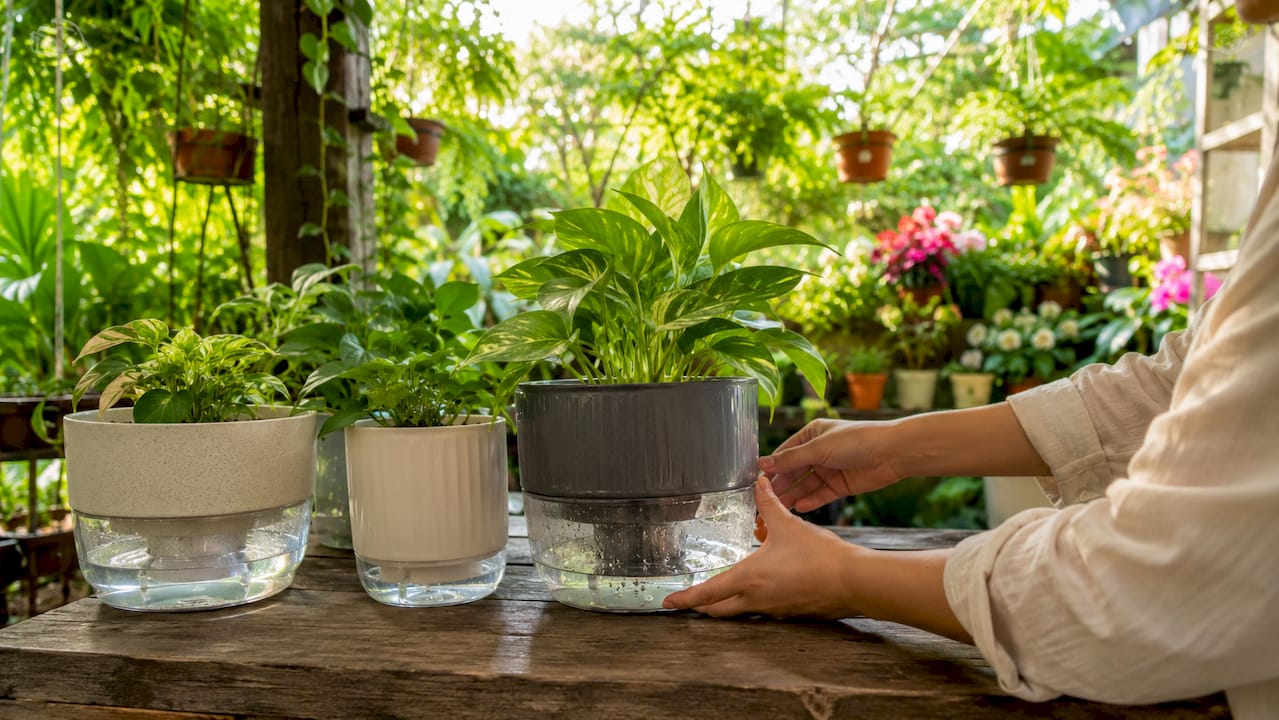 Hand checking self-watering plant containers