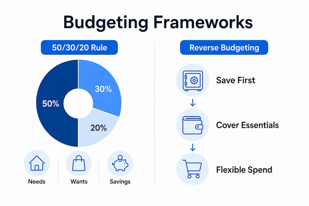 Infographic comparing 50/30/20 rule and reverse budgeting frameworks