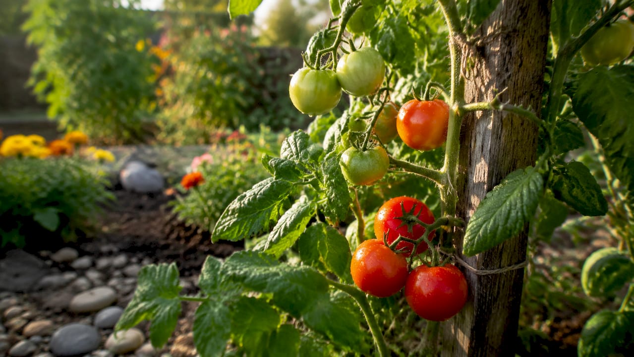 Close-up of indeterminate tomato vine with fruit clusters