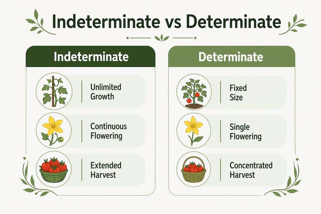 Comparison infographic of indeterminate and determinate vegetable traits