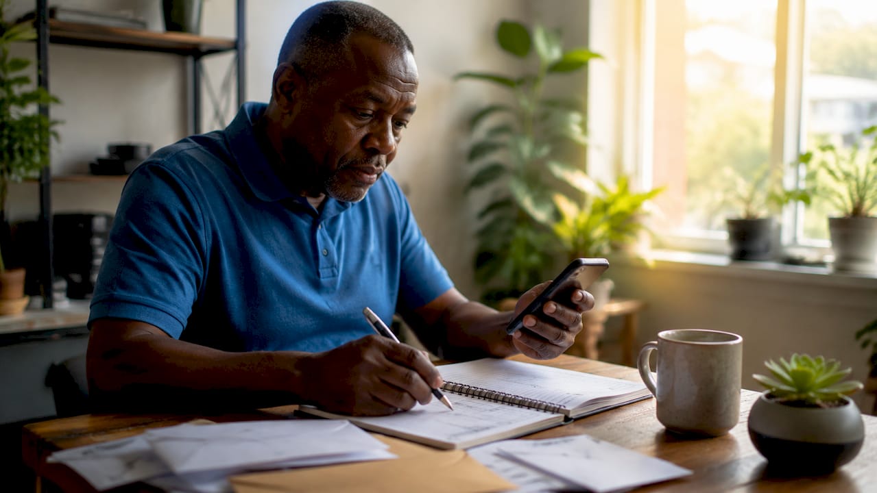 Man tracking credit card payment at kitchen table