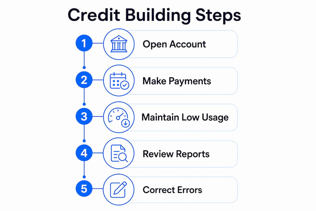 Infographic showing five steps to build credit