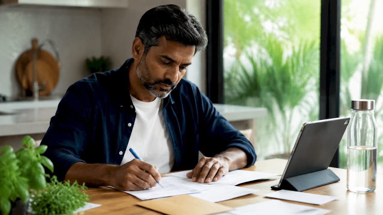 Man completing life insurance payment forms at desk