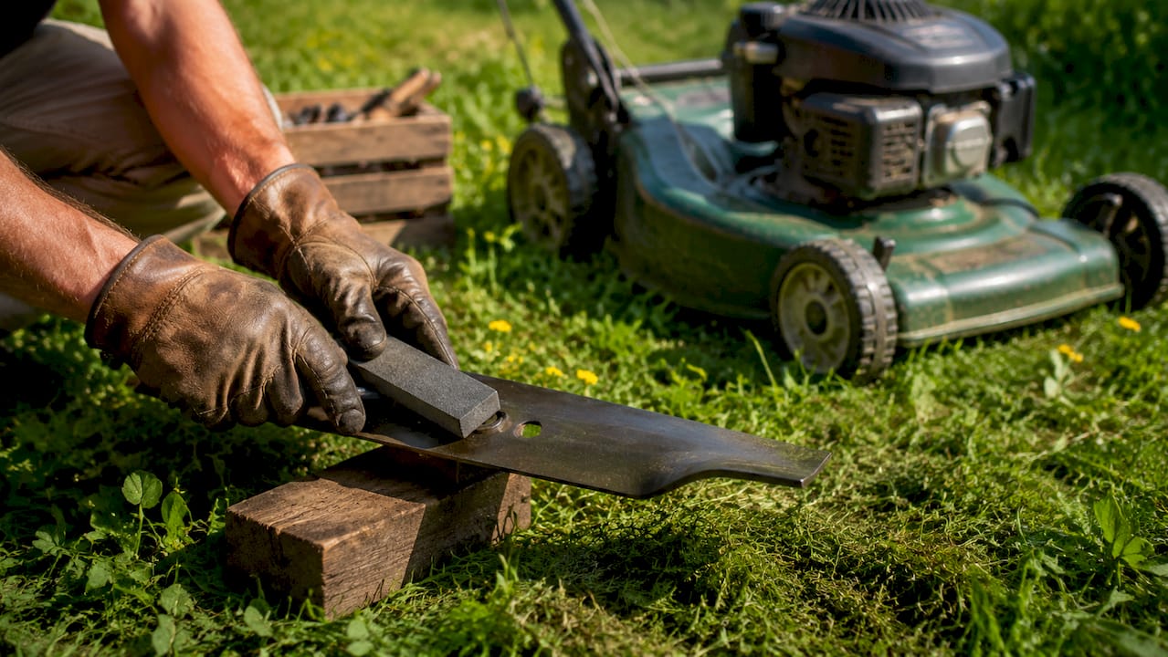 Hands sharpening lawn mower blade outdoors