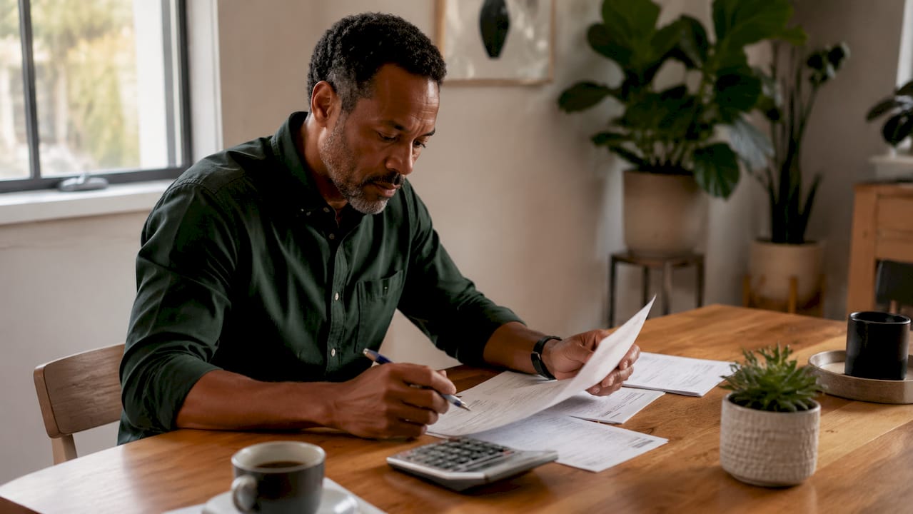 Hands holding debt inventory sheet with calculator