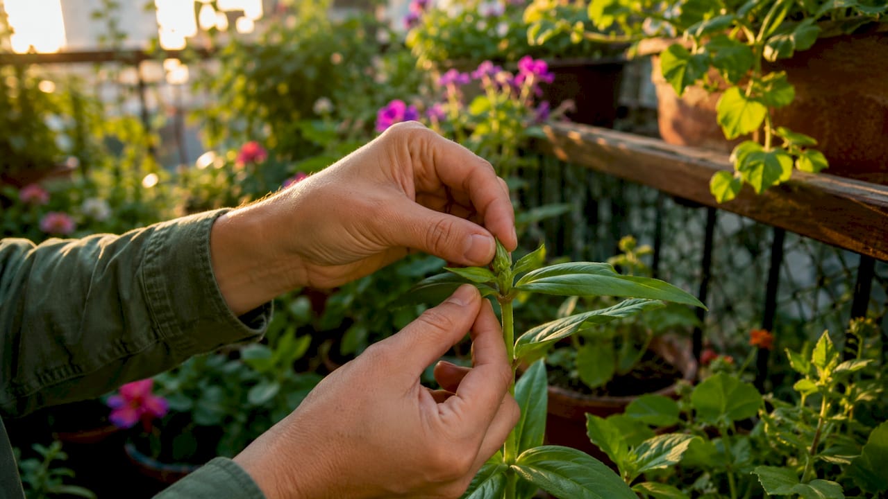 Close-up of hands pinching plant stem
