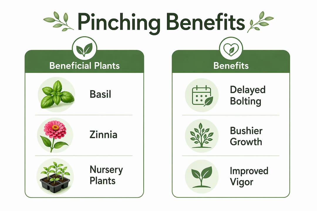 Infographic comparing plants that benefit from pinching with their respective benefits