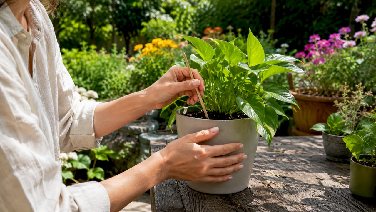 Close-up of chopstick soil moisture test hands
