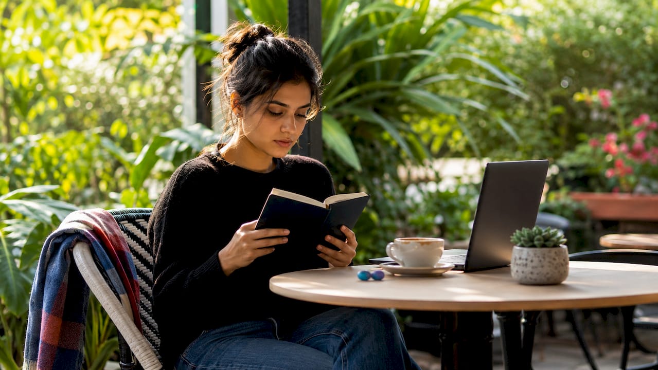 Young woman studying stock market glossary in café