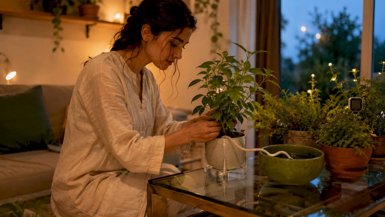 Close-up of wick watering system setup
