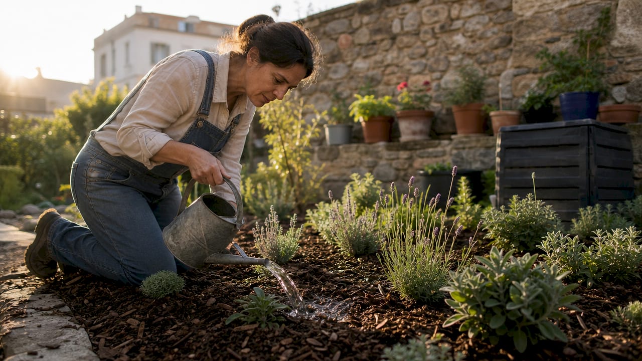 Hands watering young drought-tolerant garden plants