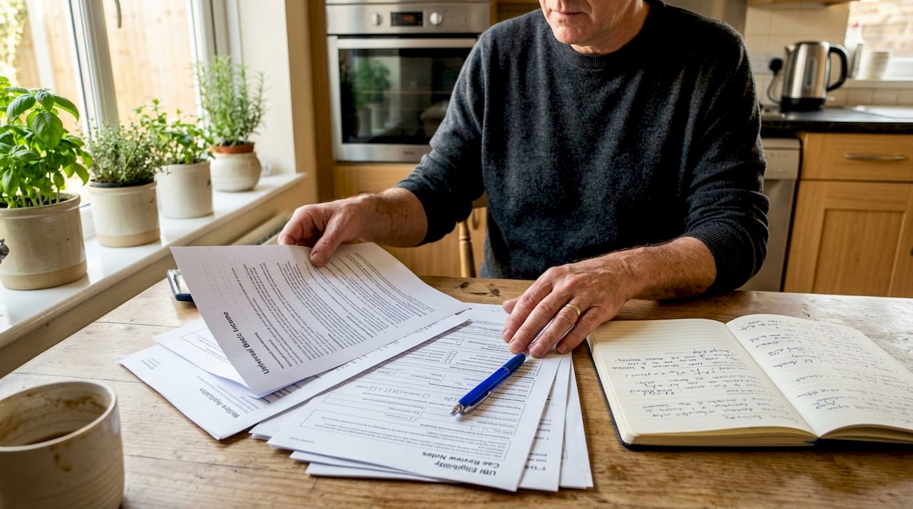 Hands sorting welfare paperwork in office
