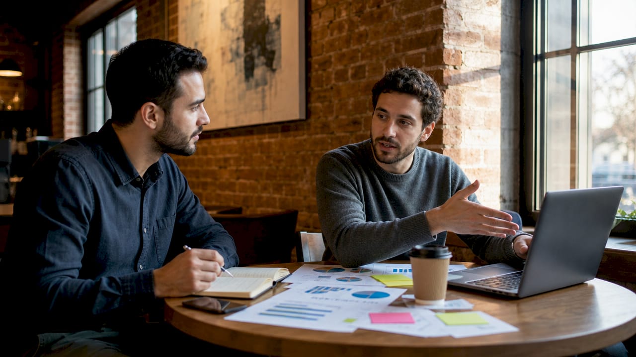 Two men discussing economic data in coworking space