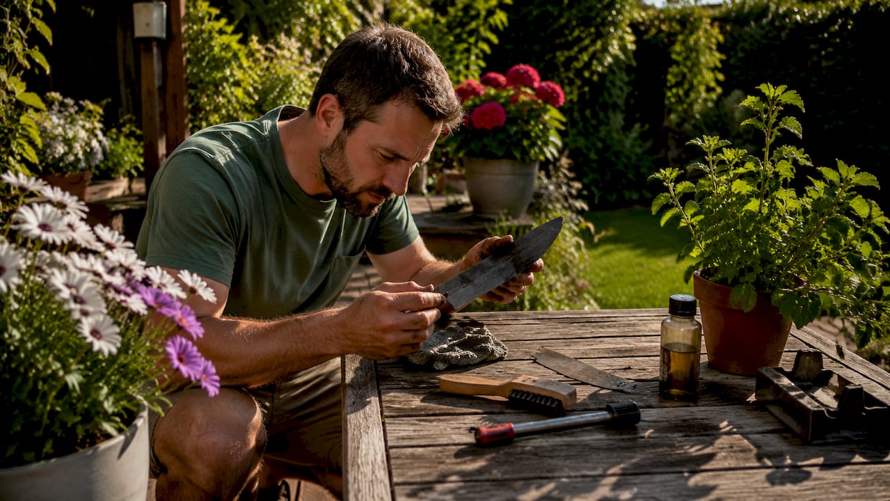 Close-up hands sharpening mower blade in garden shed