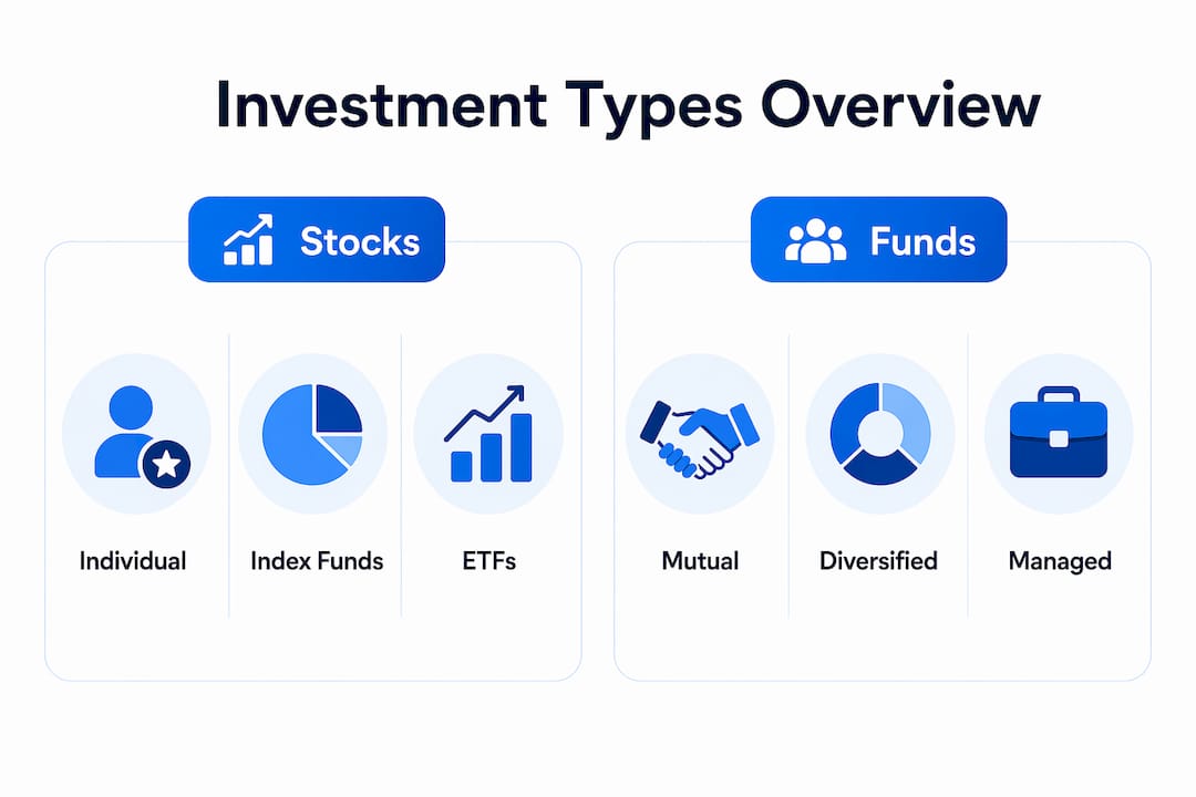 Infographic comparing stock types and fund investments