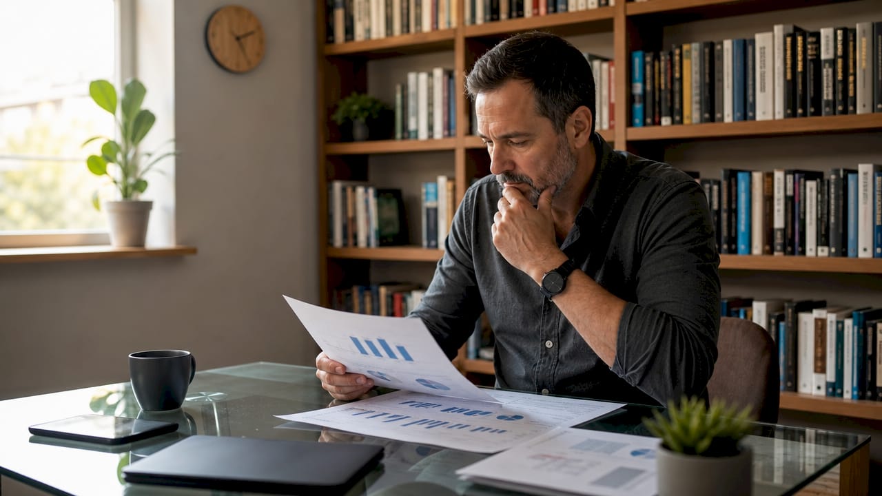 Man contemplating investment methods sitting in home office