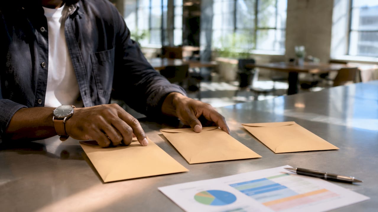 Hands organizing budgeting envelopes on table