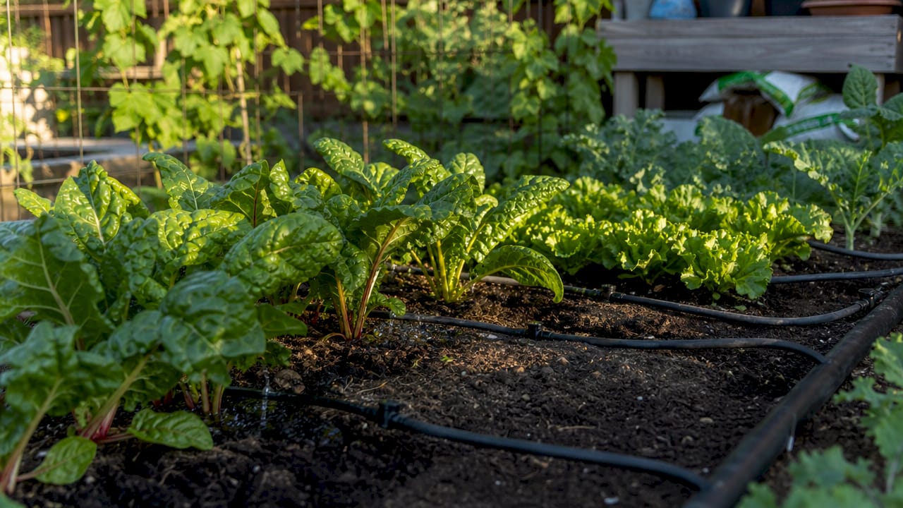 Close-up drip irrigation watering vegetable garden